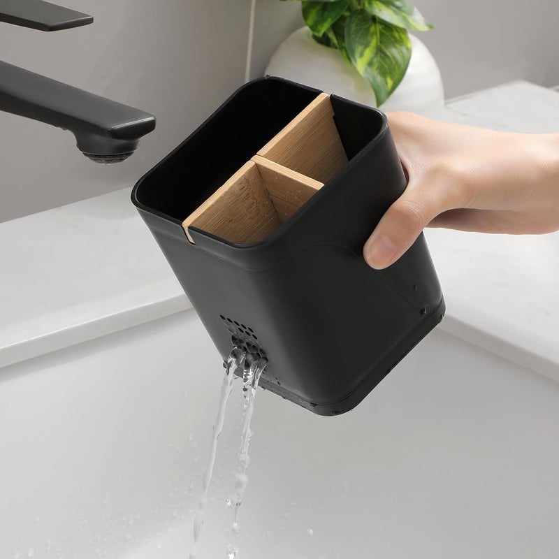 Heagoale Electric Toothbrush Holder 3 Slots Tooth Brushing Holder with Bamboo Dividers for Bathrooms, Plastic Toothbrush and Toothpaste Organizer for Shower, Countertop, Vanity, Black - Image 5
